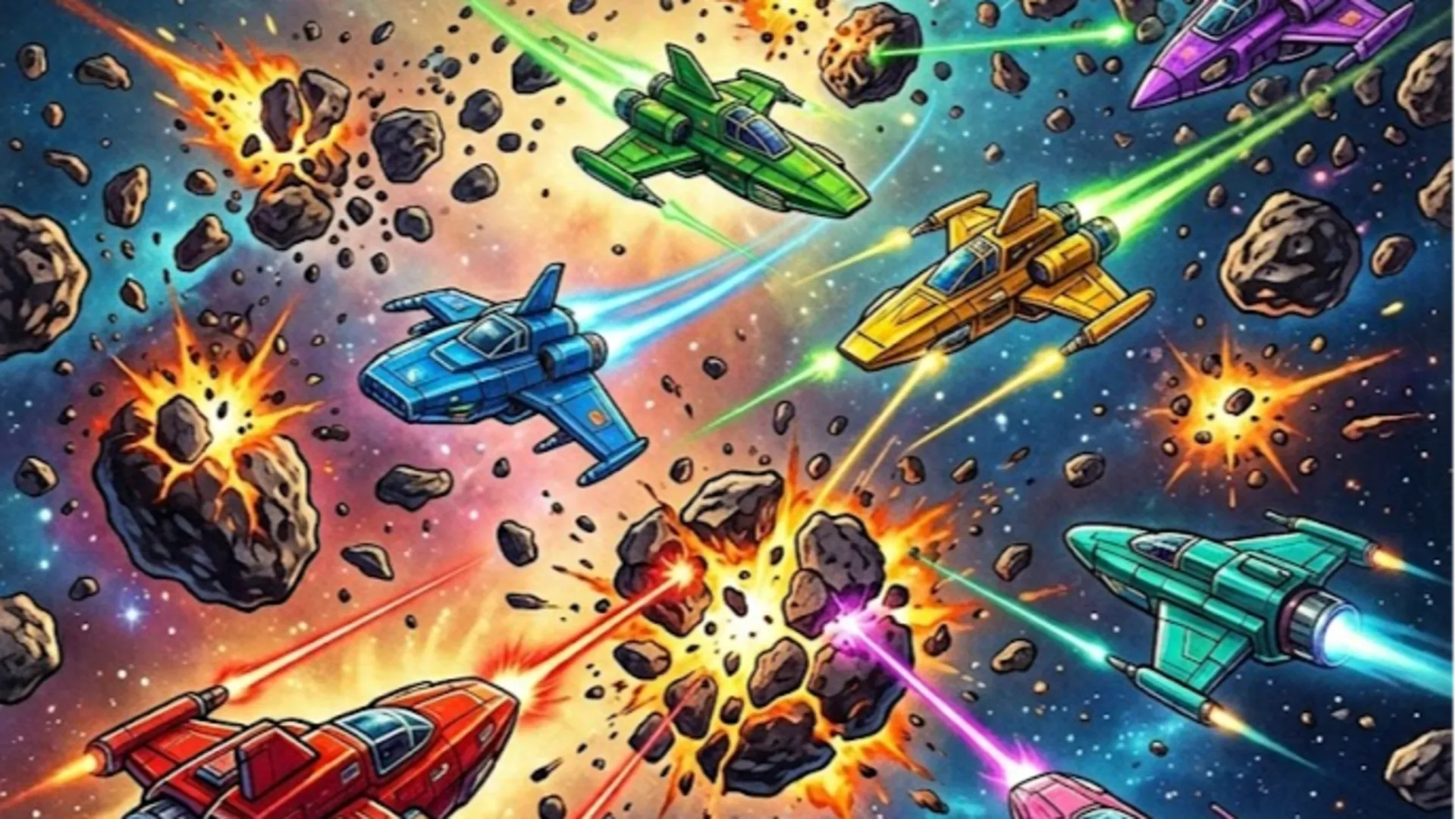 Asterluck: Spaced In - Ухіляйцеся ад астэроідаў, збірайце ўзмацняльнікі, страляйце ў сяброў і выжывайце як мага даўжэй.. Гульня для вечарынак, Касмічны шутэр, Казуальная гульня, Шматкарыстальніцкая гульня, Астэроіды, 2D – 1-8 гульцоў.