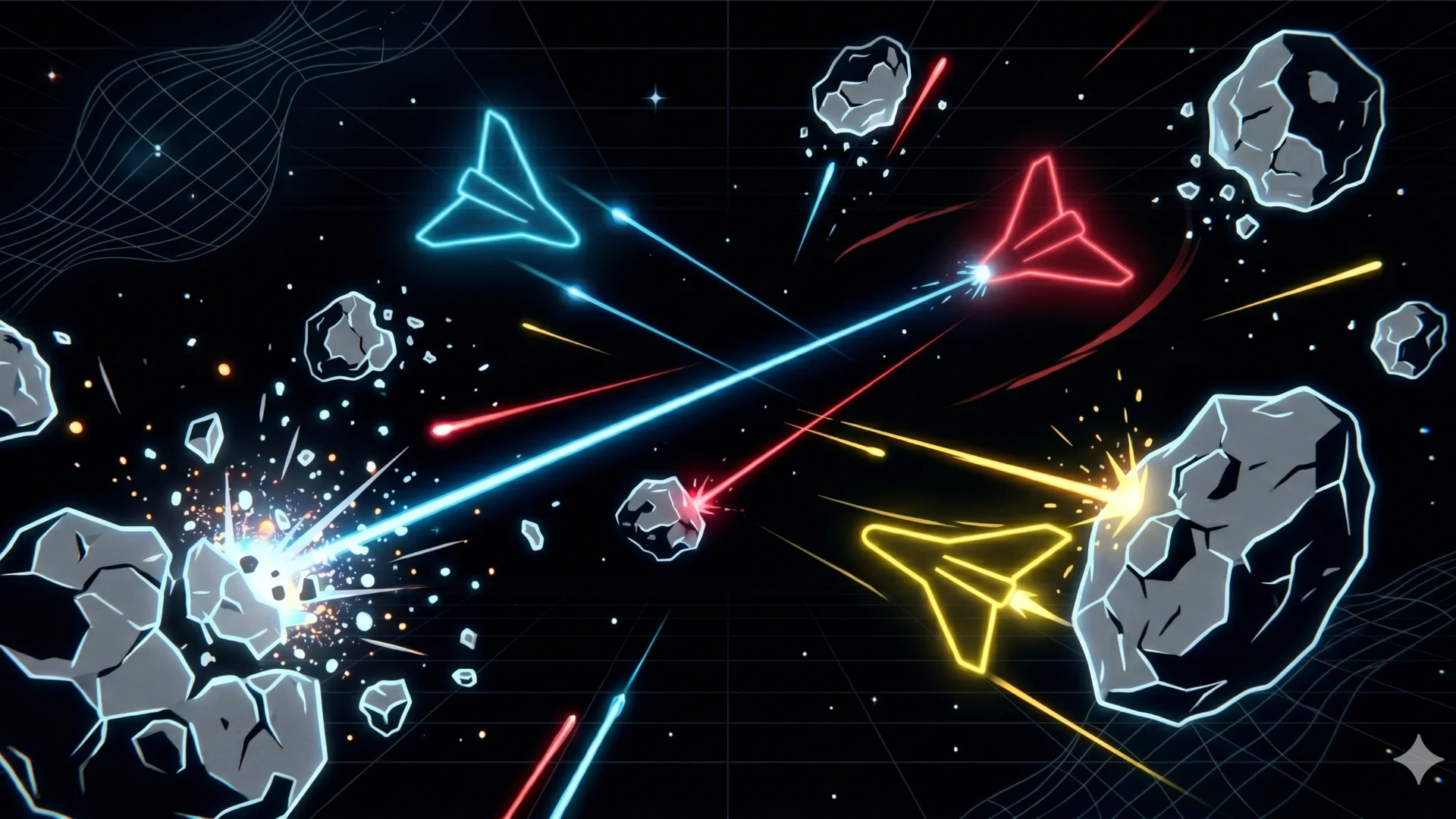 Asterluck: Dogfight - Ødelæg asteroider og rivaler for at samle point. Bliv ramt, mist nogle point, respawn øjeblikkeligt — tag derefter hævn.. Selskabsspil, Rumskyder, Action, Multiplayer, Asteroider, 2D – 1-8 spillere.